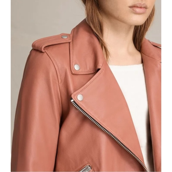 All Saints Balfern Biker Jacket - Coral Pink Red Lamb Leather Belted Jacket sz 6 - Picture 2 of 16